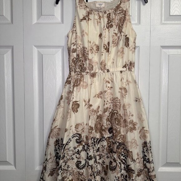 Lands' End Canvas 100% Cotton Poplin Midi Cream & Brown Floral Petite Size 2 EUC - Picture 2 of 16